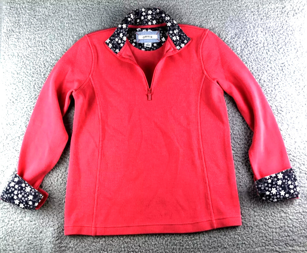 Orvis Pullover Sweater Womens Medium Pink Cotton Blend 1/4 Zip Floral Accents